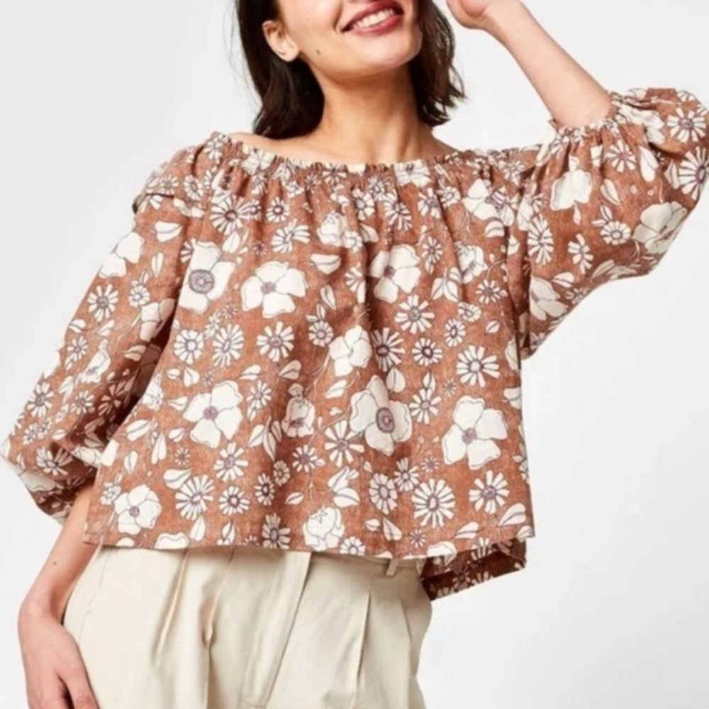 Free People Miss Daisy Printed Top in Vintage Tan Brown Flowers BOHO Sz XS - Picture 3 of 12